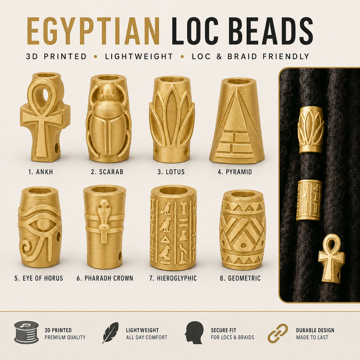 Egyptian Loc Beads – Gold – 25 Pack
