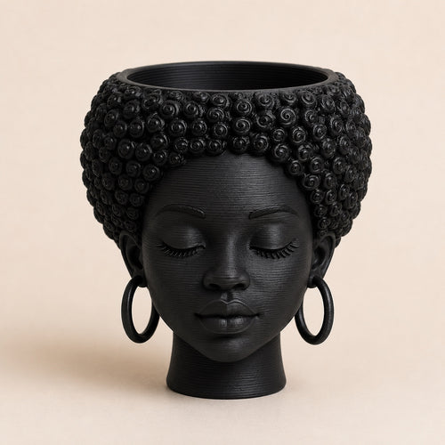 Afrocentric woman planter with natural spiral curls and hoop earrings