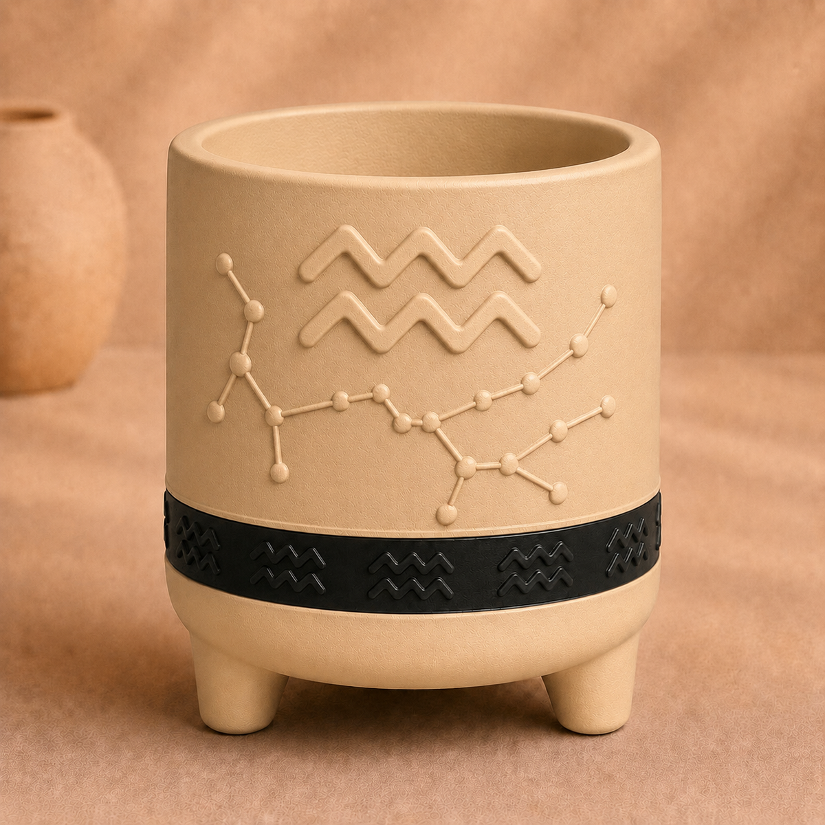 Warm beige Aquarius zodiac planter with raised Aquarius symbol, constellation, black zodiac band and footed base