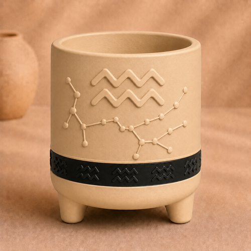 Warm beige Aquarius zodiac planter with raised Aquarius symbol, constellation, black zodiac band and footed base