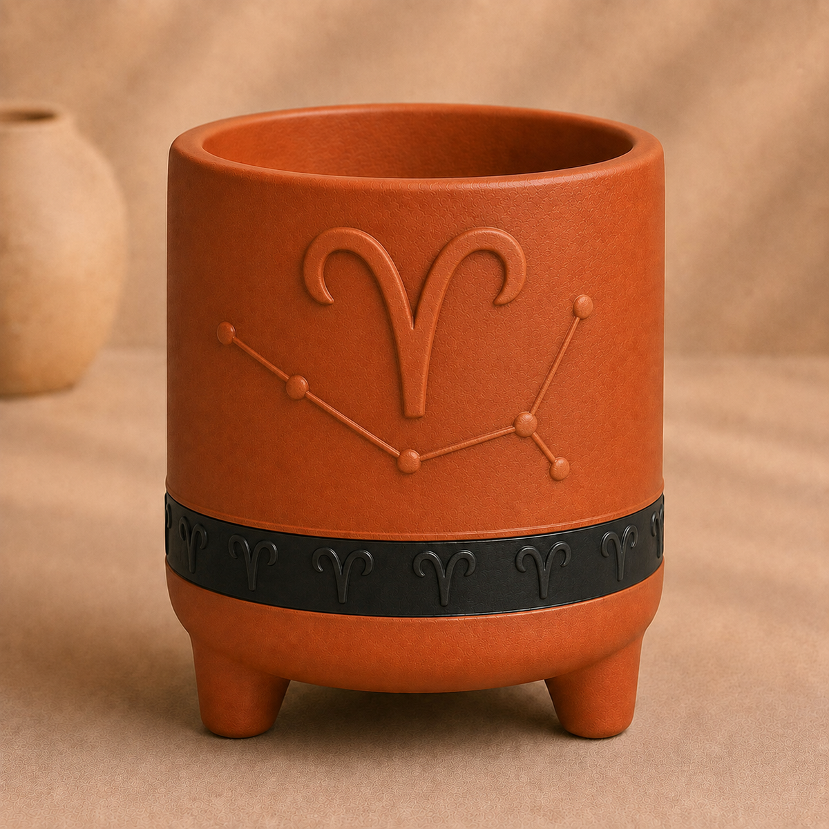 Aries zodiac planter with raised Aries symbol, constellation, black zodiac band and footed base