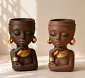 Asia and Nyla multicolor Afrocentric twin woman planter set with gold jewelry