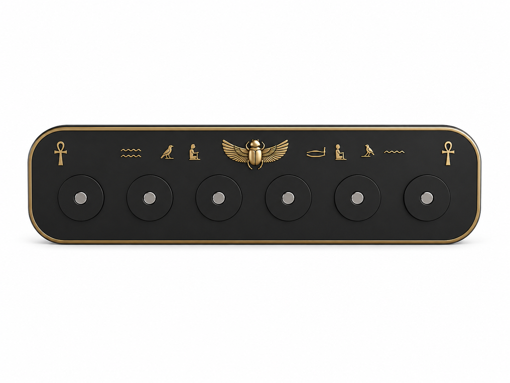Basic Egyptian magnetic key holder in matte black and gold with six magnetic positions