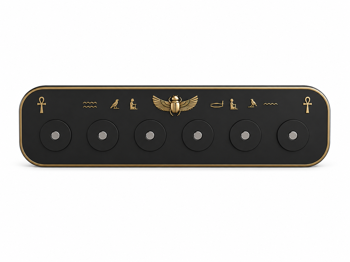 Basic Egyptian magnetic key holder in matte black and gold with six magnetic positions