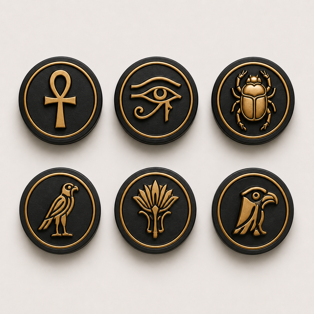 Set of six black and gold Egyptian hieroglyphic circular magnetic tabs