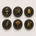 Set of six black and gold Egyptian hieroglyphic circular magnetic tabs