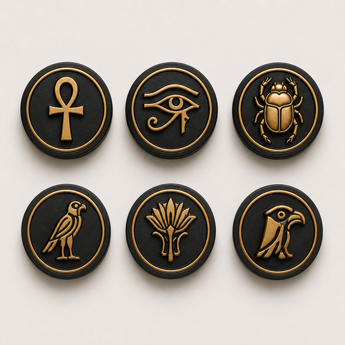 Set of six black and gold Egyptian hieroglyphic circular magnetic tabs