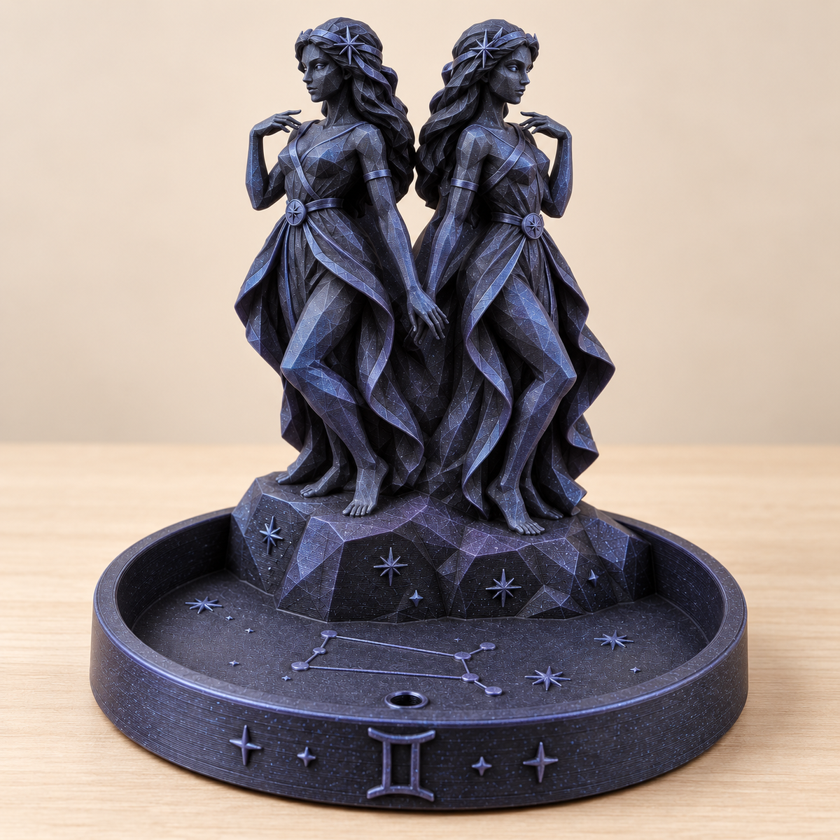 Gemini celestial twin zodiac incense holder in black and blue galaxy sparkle finish