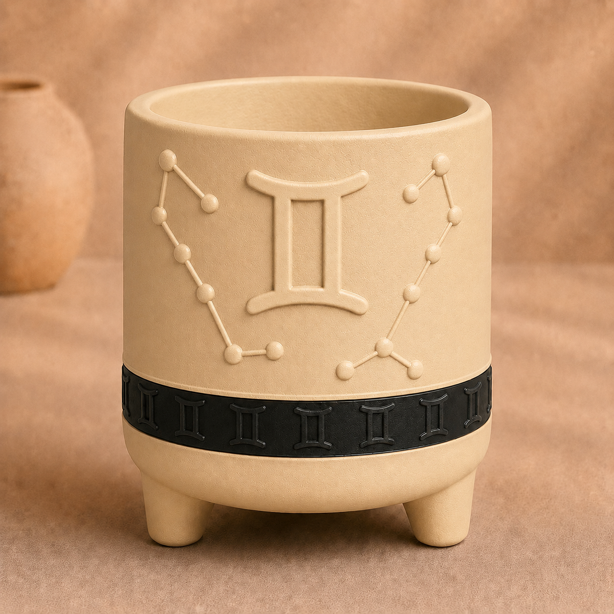 Warm beige Gemini zodiac planter with raised Gemini symbol, constellation, black zodiac band and footed base