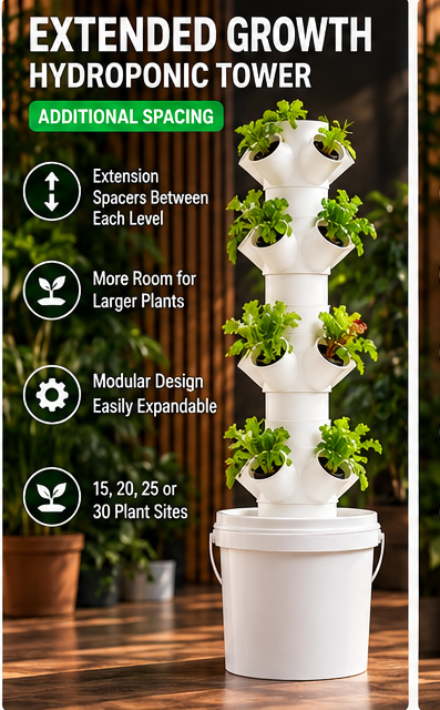 Grizzly FDM extended hydroponic tower concept with smooth five-pocket modules and white bucket