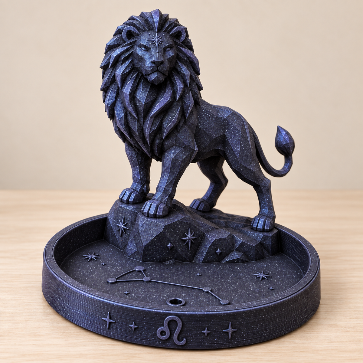 Leo celestial lion zodiac incense holder in black and blue galaxy sparkle finish