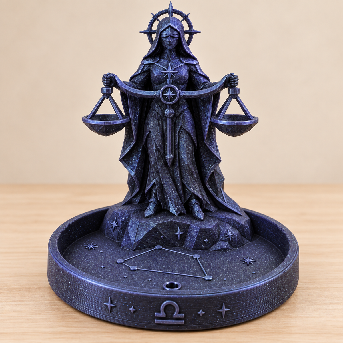 Libra celestial guardian with balanced scales zodiac incense holder in black and blue galaxy sparkle finish