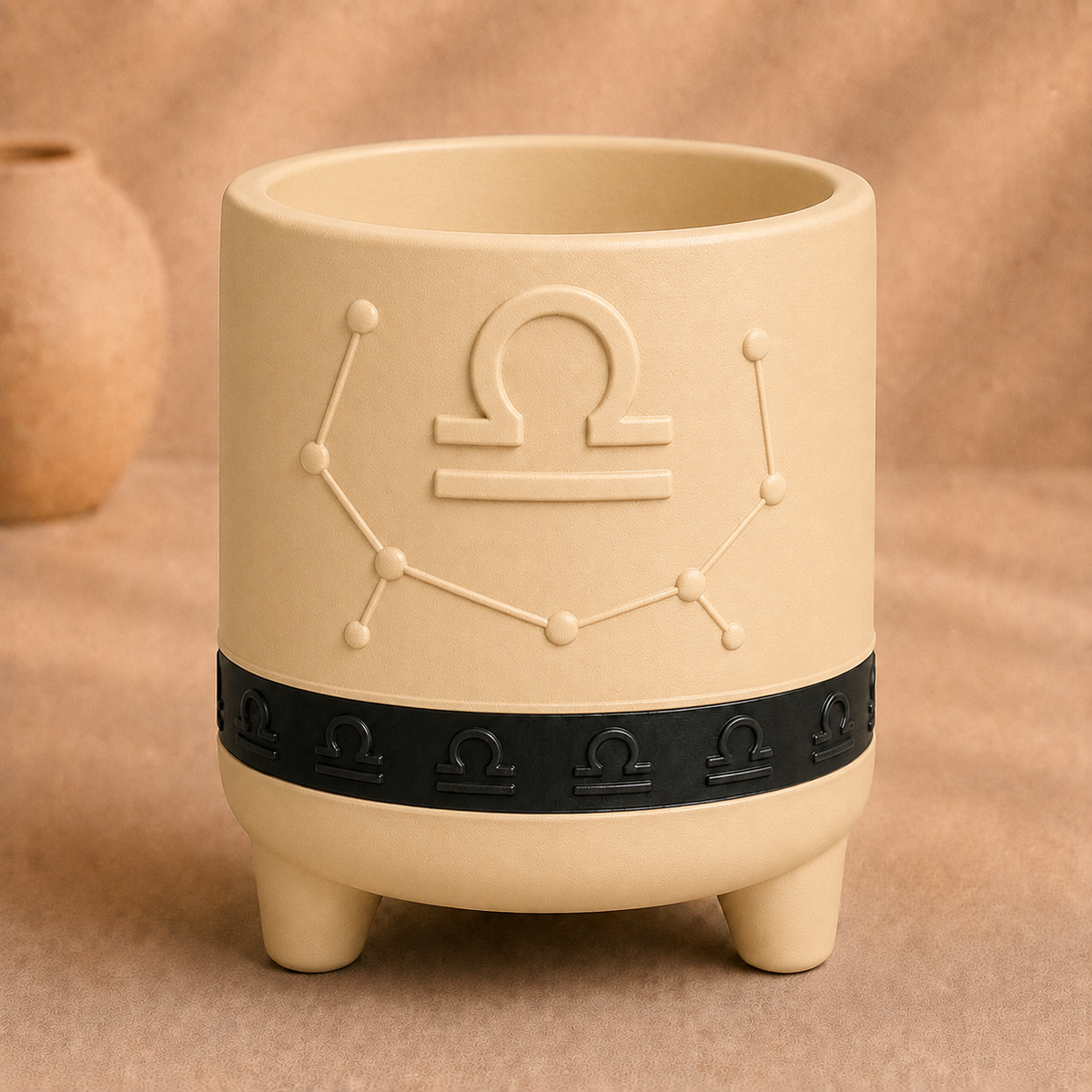 Warm beige Libra zodiac planter with raised Libra symbol, constellation, black zodiac band and footed base