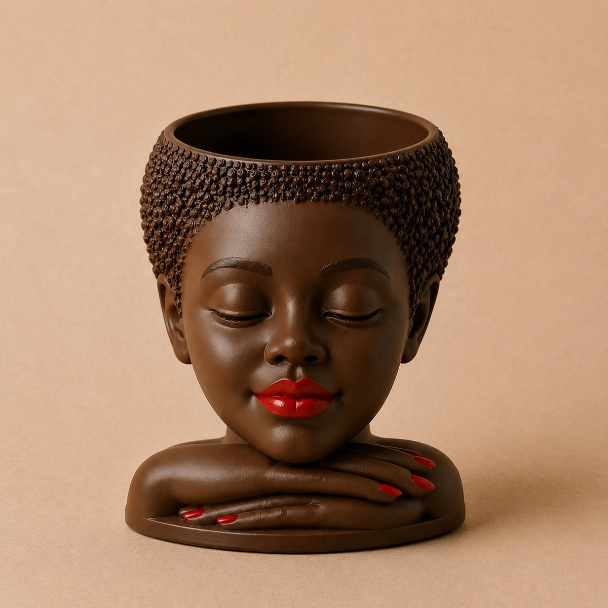 Nayela Afrocentric face planter with short natural hair, stacked hands, red lips, and red nails