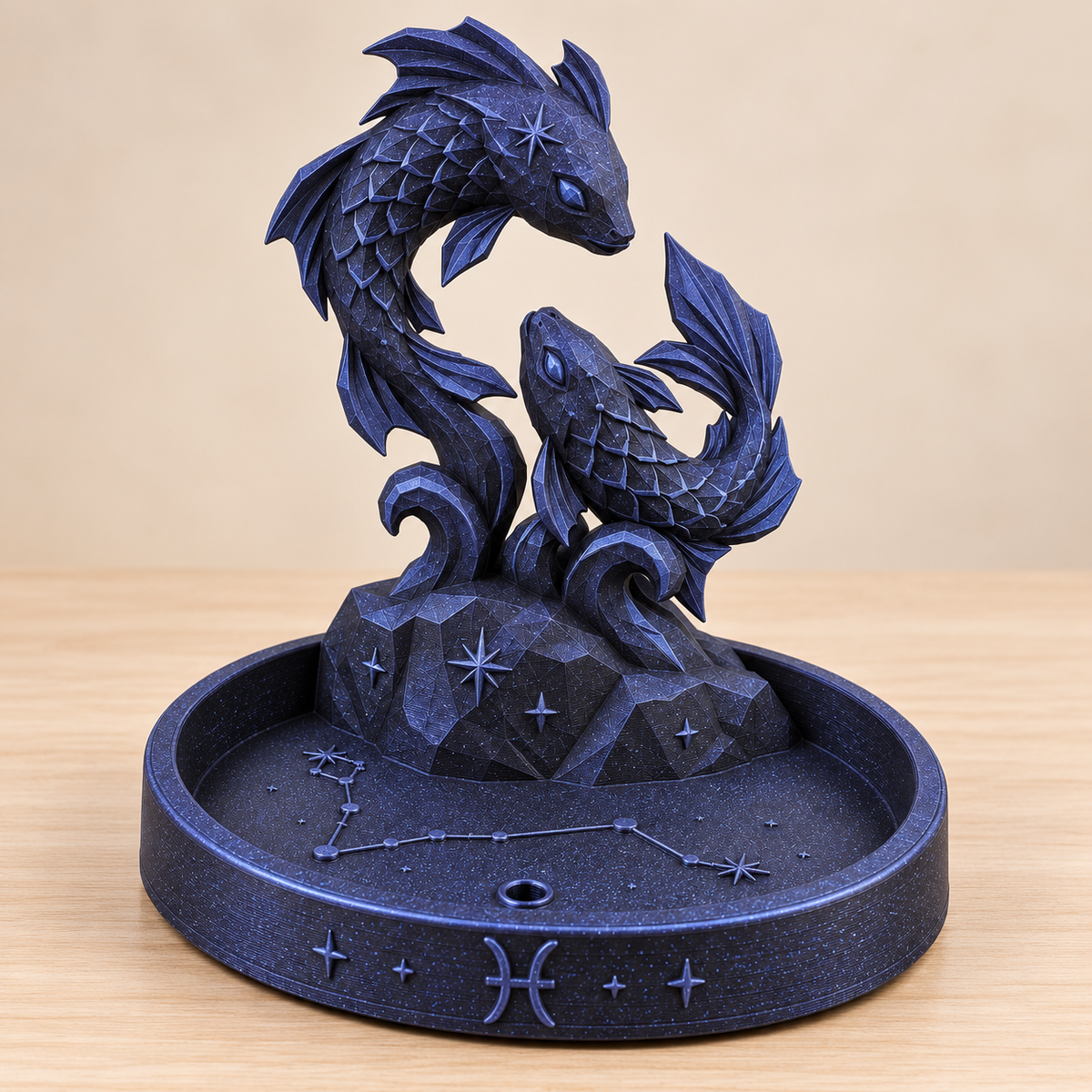 Pisces celestial twin fish zodiac incense holder in black and blue galaxy sparkle finish