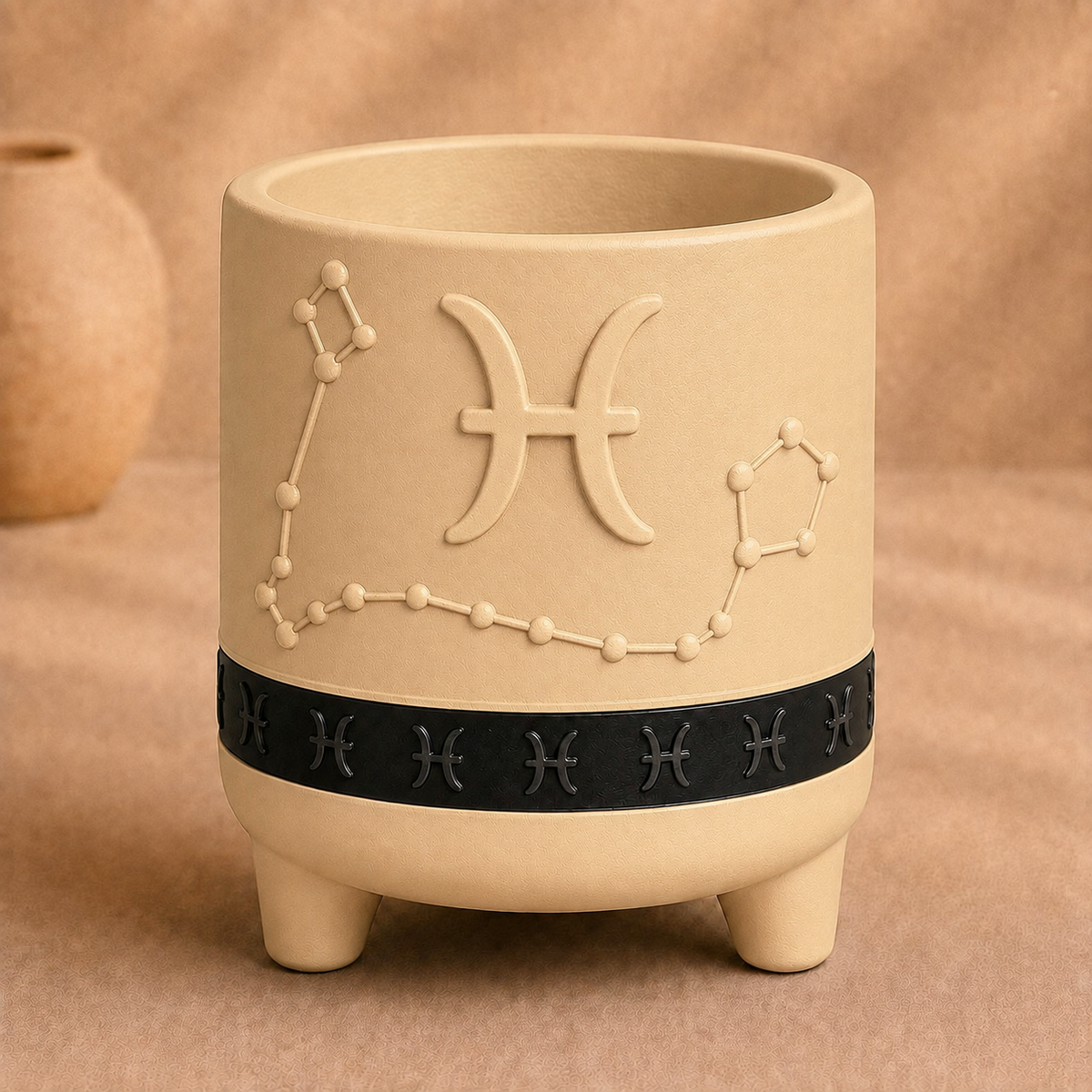 Warm beige Pisces zodiac planter with raised Pisces symbol, constellation, black zodiac band and footed base