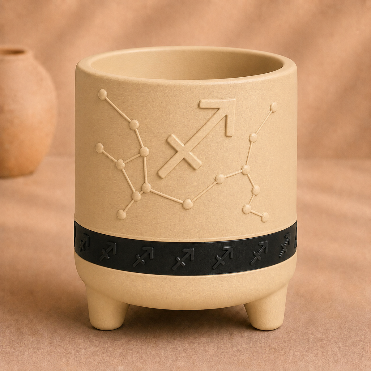 Warm beige Sagittarius zodiac planter with raised Sagittarius symbol, constellation, black zodiac band and footed base