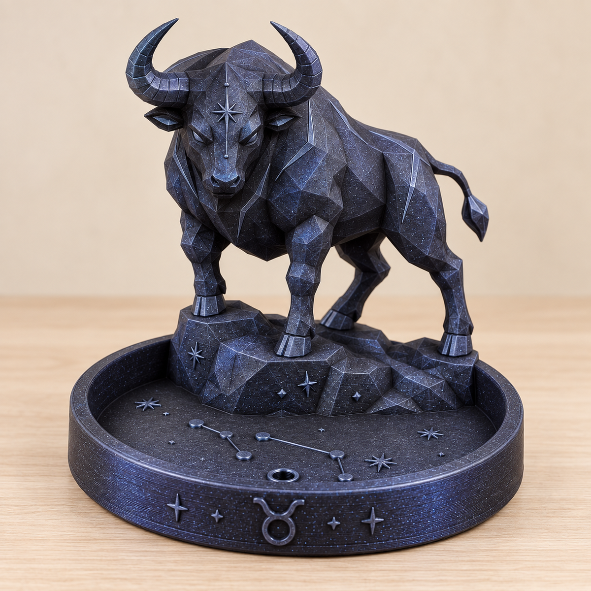 Taurus celestial bull zodiac incense holder in black and blue galaxy sparkle finish
