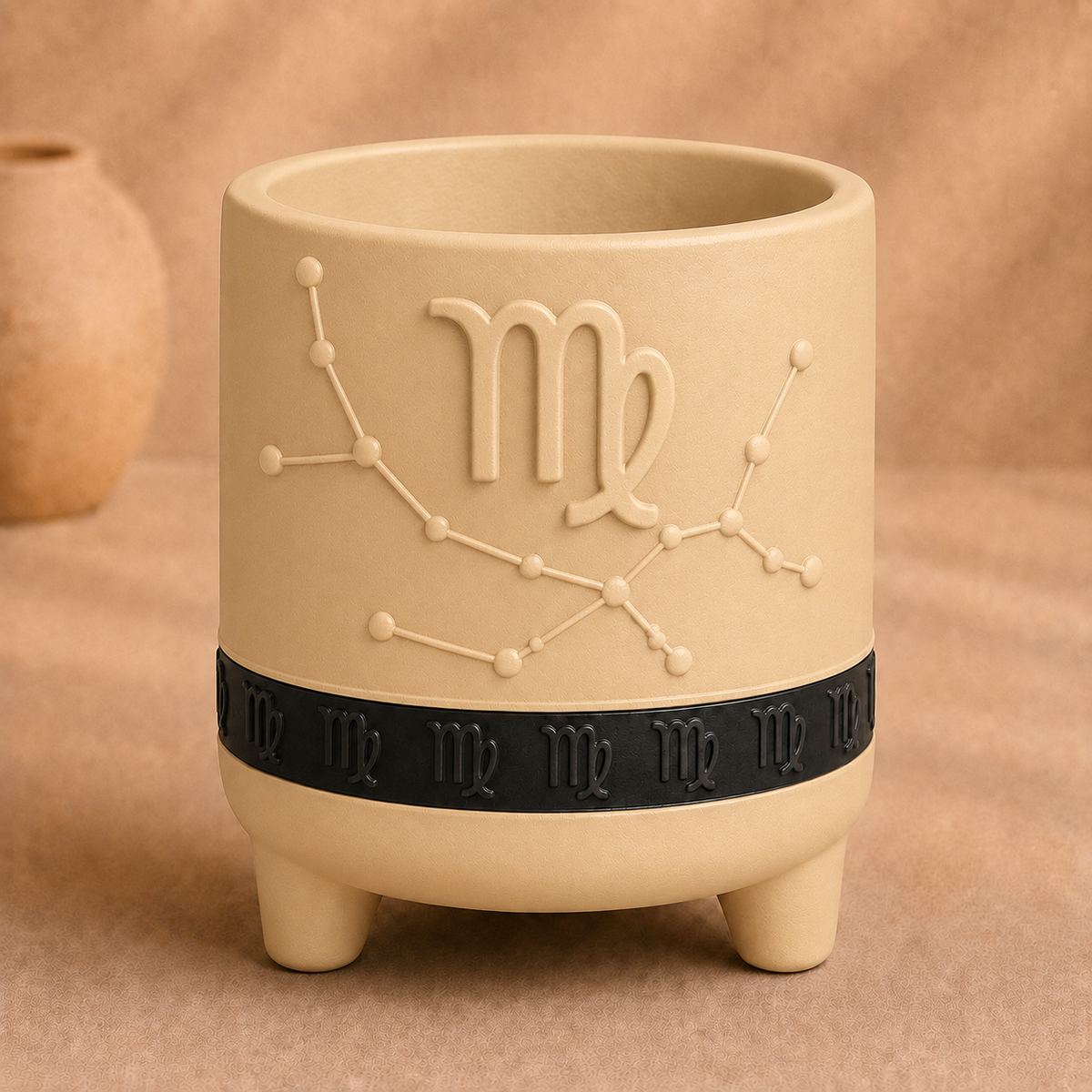 Warm beige Virgo zodiac planter with raised Virgo symbol, constellation, black zodiac band and footed base