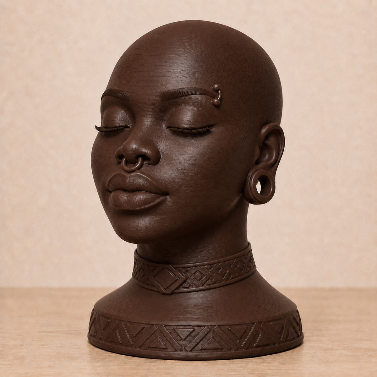 Zuri chocolate brown Afrocentric female mannequin head with septum ring, ear gauge, eyebrow piercing, and geometric choker